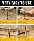 BURTOK 10-inch hand wood auger; front view drilling wood, side view turning the auger, close-up peg and hole insertion.