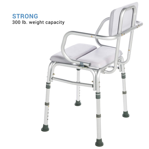 Deluxe Comfy Padded Shower Chair With Backrest And Arms Waterproof Cushioned Seat For Comfort And Safety Slip Resistant Easy To Clean Aluminum Armrests White Finish 300 Lb Weight Capacity