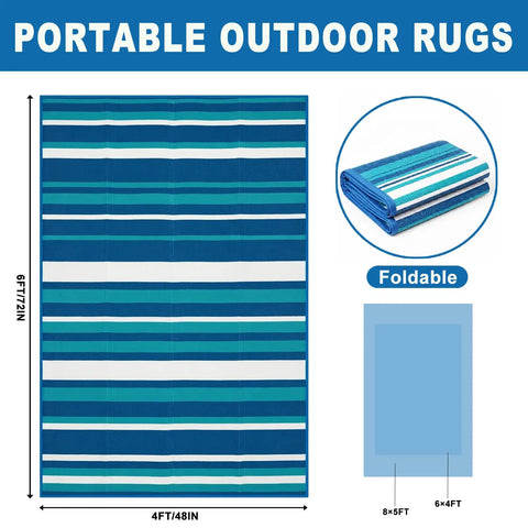 Outdoor Patio Rug 4x6 Ft Waterproof Plastic Straw Style For Deck Garden Backyard, foldable blue striped durable outdoor area rug