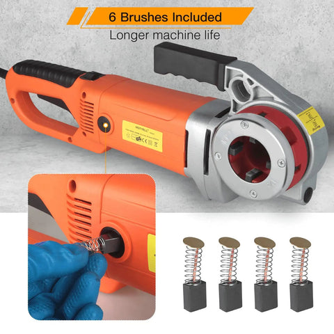 Npt Pipe Threader Machine 2300W With Six Hss Dies For One Half To Two Inch Conduit showing electric tool and replacement brushes.