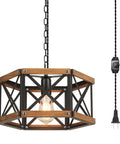 Kickass 14 Inch Black Farmhouse Pendant Light With Plug In Dimmable Switch And Adjustable Woven Cord For Kitchen Island Or Dining Room Heavy Oak Wood And Metal Cage Fixture Giving Major Rustic Vibes That Goes Hard On Sloped Ceilings, showing black metal and oak wood design.
