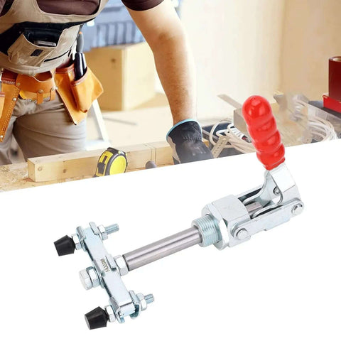 Push Pull Clamp With Double Heads For Welding And Router Tables shown with red ergonomic handle