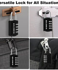 4 Digit Combination Padlock For Locker And Luggage Set Of 4 Heavy Duty Mini Lock For Backpack Gym School And Travel Easy To Use And Super Secure Great For Dorms And Travel Everyday Lockup, shown in various locking scenarios.