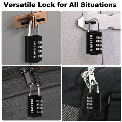 4 Digit Combination Padlock For Locker And Luggage Set Of 4 Heavy Duty Mini Lock For Backpack Gym School And Travel Easy To Use And Super Secure Great For Dorms And Travel Everyday Lockup, shown in various locking scenarios.
