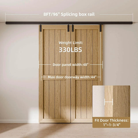 8Ft Ceiling Mount Box Rail Barn Door Hardware Kit Heavy Duty Steel Sliding Track installed for double wooden doors