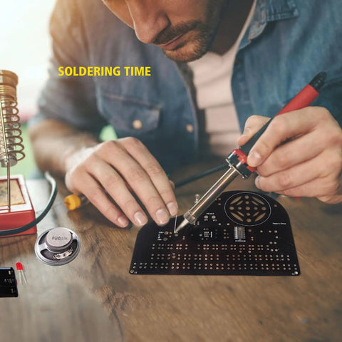 Person using soldering iron on Do It Yourself Hands On Piano Soldering Project Kit For Electronics Practice And STEM Gift With Multiple Sound Effects Including Piano Guitar Violin Bell And Percussion Fun