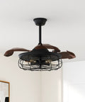36 Inch Caged Ceiling Fan With Remote Control Industrial Vintage Chandelier Style Black Iron Cage 5 Light Fixtures 4 Blades