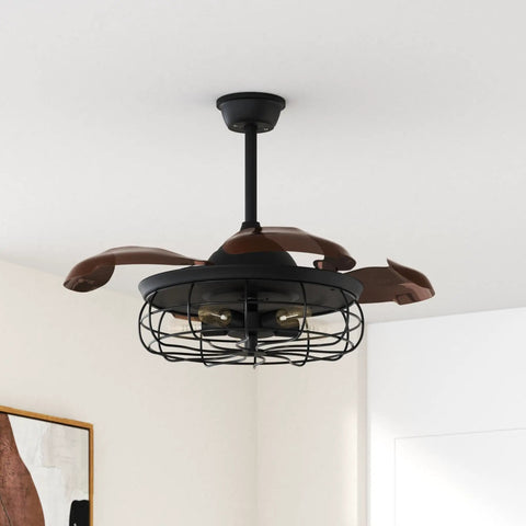 36 Inch Caged Ceiling Fan With Remote Control Industrial Vintage Chandelier Style Black Iron Cage 5 Light Fixtures 4 Blades