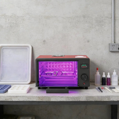 Ultimate 395nm UV Resin Curing Box With 80 LED Beads And Active Cooling Fan For Hella Fast Drying Including Digital Timer Tray For Crafting Jewelry Coasters Smoothly With Rock Solid PC Build In Vibrant Red