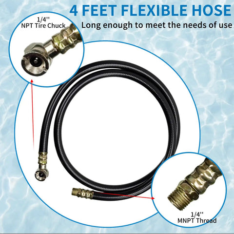 Air Tank Valve Kit With Safety Manifold And 0-200 PSI Gauge, 4 Ft Air Hose, Thread Seal Tape, Grab-and-Go Portable Tank Repair Set, 3 Piece Easy Fix For Quick Leaks And Maintenance: 4 ft flexible hose with 1/4 NPT chuck and 1/4 MNPT thread