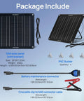 Package contents of Dual Charging Solar Battery Trickle Charger Maintainer With OBD II Plug And Alligator Clips 12V Waterproof Kit