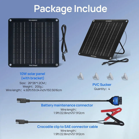 Package contents of Dual Charging Solar Battery Trickle Charger Maintainer With OBD II Plug And Alligator Clips 12V Waterproof Kit
