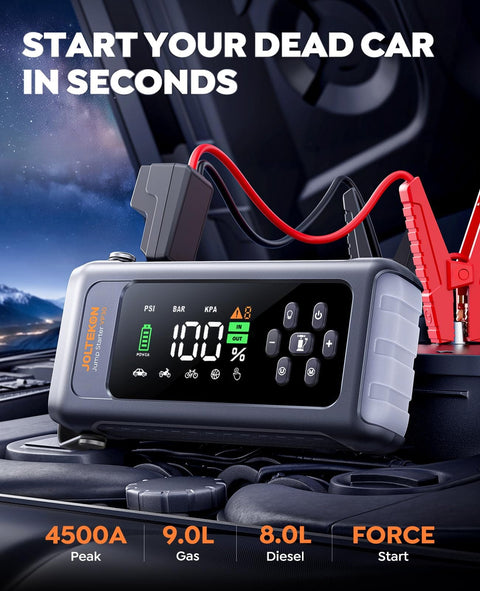 8-In-1 Car Jump Starter With Air Compressor And Tire Inflator, 4500A Peak, 150 PSI, on engine hood, digital display showing 100%
