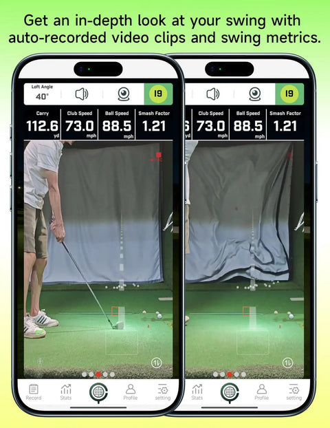 Portable Golf Launch Monitor And Home Simulator For Swing Analysis, Practice Like A Pro With 3D Driving Range displayed on phone