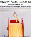 Hella Sturdy Adjustable Wire Spool Dispenser With Heavy Duty Cable Caddy Rack For Pros And Multi Tool Electrical Manager Built From Solid Metal Frame That Slaps In Every Shop, close-up of adjustable threading ring with yellow cable.
