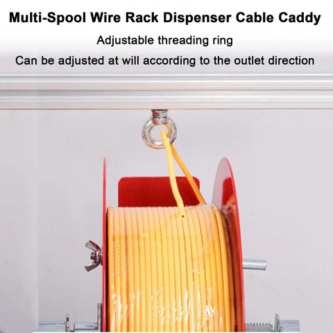 Hella Sturdy Adjustable Wire Spool Dispenser With Heavy Duty Cable Caddy Rack For Pros And Multi Tool Electrical Manager Built From Solid Metal Frame That Slaps In Every Shop, close-up of adjustable threading ring with yellow cable.
