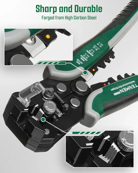 Close-up of Self Adjusting Wire Stripper With Non Contact Voltage Detection 4 In 1 Automatic Wire Stripping Tool showing details.