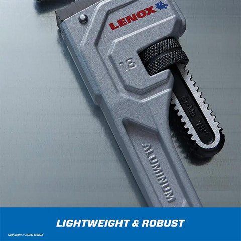 Ultralight Aluminum Pipe Wrench 18 Inch Pro Grade With Forged Wide Jaws, High Torque, I Beam Design, Quick Bite Teeth displayed