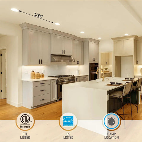 Modern kitchen featuring Low Profile 6 Inch LED Recessed Light With Junction Box Pack Of 4, 3000K Warm White installed in ceiling