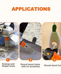 Diamond finger milling bit enlarging and shaping holes in a granite countertop front view
Diamond finger milling bit close-up grinding round bevel holes on stone surface
Diamond finger milling bit installed on a drill creating round bevel holes in countertop edge