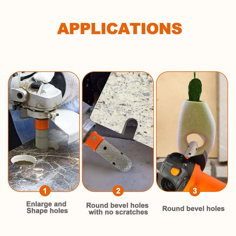 Diamond finger milling bit enlarging and shaping holes in a granite countertop front view
Diamond finger milling bit close-up grinding round bevel holes on stone surface
Diamond finger milling bit installed on a drill creating round bevel holes in countertop edge