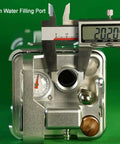 Close-up of Portable Pneumatic Espresso Maker With 58mm Portafilter And Dual Pressure Gauges showing 2 cm water filling port measurement.