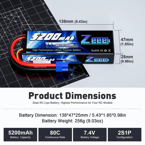 Beefed Up 7.4V LiPo 5200mAh 80C Hard Case Battery With EC3 Plug dimensions and details for RC cars and drones