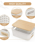 Six Pack Stackable Plastic Storage Bins With Lids And Bamboo Lid, showing ventilation design, easy pull handle, and elegant label