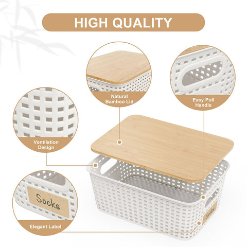 Six Pack Stackable Plastic Storage Bins With Lids And Bamboo Lid, showing ventilation design, easy pull handle, and elegant label