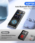 Bluetooth MP3 Player With Auto Reconnect 5.4 For Instant On Listening next to earbuds and speaker