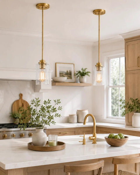 Modern kitchen with Farmhouse Gold Pendant Light Over Kitchen Island With Clear Glass Shade for cozy chic dining area