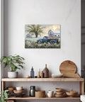 Blue Truck Canvas Wall Art With White Floral Accents, Retro Old Barn Pickup Truck Print For Farmhouse Decor, 18 By 24 Inches