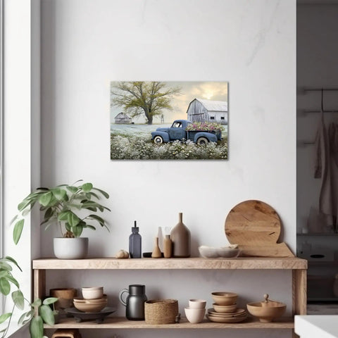 Blue Truck Canvas Wall Art With White Floral Accents, Retro Old Barn Pickup Truck Print For Farmhouse Decor, 18 By 24 Inches