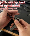 Person adjusting eyeglass frames with Eyeglass Frame Adjustment Kit With 3 In 1 Screwdriver Tool For DIY Glasses Repair Curvature Bender.