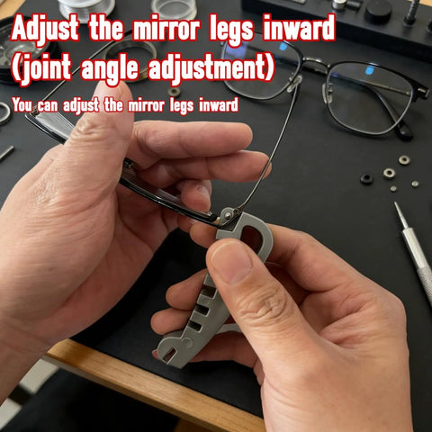 Person adjusting eyeglass frames with Eyeglass Frame Adjustment Kit With 3 In 1 Screwdriver Tool For DIY Glasses Repair Curvature Bender.