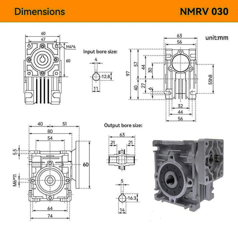 YIDOFENG NMRV030 worm gear gearbox, front view with input shaft bore and four mounting holes
YIDOFENG NMRV030 worm gear reducer, side view on square housing for Nema23 motor with mounting feet
Engineering schematic of YIDOFENG NMRV030 with mm dimensions and bore specifications
Photograph of YIDOFENG NMRV030 worm gear gearbox showing square aluminum housing and mounts