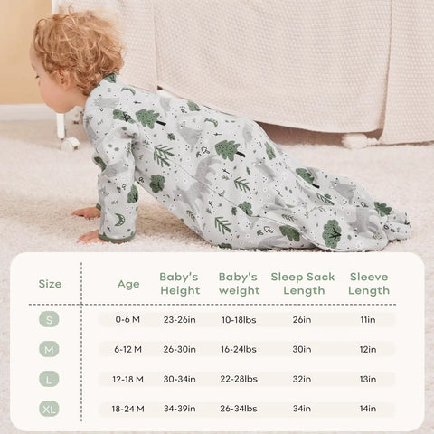 Baby wearing Cozy Sleeved Baby Sleep Sack For 0 To 6 Months Lightweight 0.5 Tog Wearable Blanket crawling on carpet next to size chart.