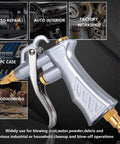 Heavy Duty Air Blow Gun With Brass Adjustable Flow Nozzle shown in workshop settings for dust cleanup and dust busting applications.