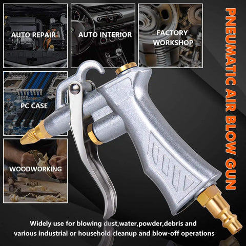 Heavy Duty Air Blow Gun With Brass Adjustable Flow Nozzle shown in workshop settings for dust cleanup and dust busting applications.