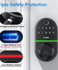 Electronic Keypad Deadbolt With Fingerprint Door Lock And Keyless Entry For Front Door Smart Digital Lock With Easy No Drill Installation And Two Times Larger Recognition Area Fits Most American Wood Doors, shown with battery icons and features.