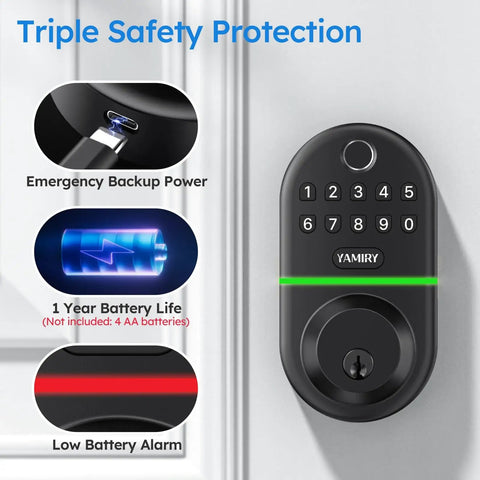 Electronic Keypad Deadbolt With Fingerprint Door Lock And Keyless Entry For Front Door Smart Digital Lock With Easy No Drill Installation And Two Times Larger Recognition Area Fits Most American Wood Doors, shown with battery icons and features.