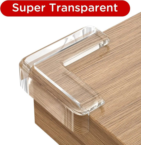 Thick Silicone Baby Proofing Corner Protectors And Soft Edge Bumper Strips That Stick Like Crazy For Super Safe Kids Rooms and No Real Stress Parenting Wins, clear silicone corner guard on wooden table.