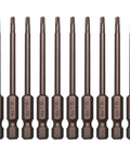 Get The Job Done Right With This 1 Pc Magnetic Torx Head Screw Driver Bit Set featuring Long 75mm Shafts And A Secure 1/4 Inch Hex Shank These Security Tamper Proof Bits Are Made From Heavy Duty S2 Steel To Prevent Stripping and Breakage ensuring a tight, showing a set of ten 75mm long S2 steel magnetic Torx screwdriver bits.