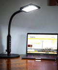 2 In 1 LED Floor And Desk Lamp With Adjustable Height And Gooseneck next to laptop on wooden desk
