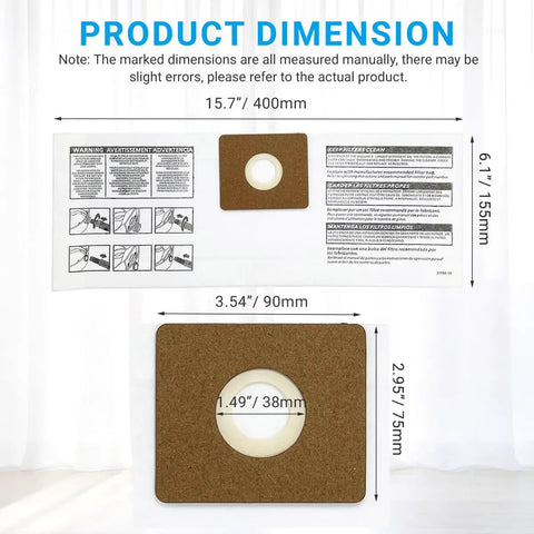 Dimensions of 12 Pack 90667 Filter Bags For 1 To 1.5 Gallon Wet Dry Vacuums, Type A Collection, with text and measurements