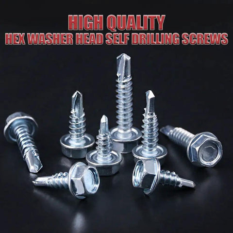Zinc Plated Hex Washer Head Self Drilling Sheet Metal Screws Assortment Kit displayed on a dark surface