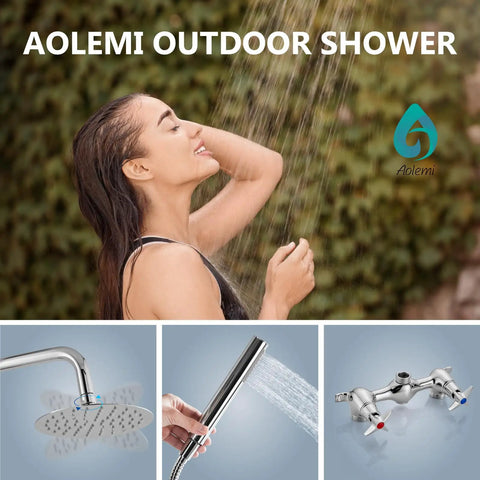 Outdoor Shower Kit With 8 Inch Rainfall Head, Handheld Sprayer, Exposed Shower Pipe, Two Handle Faucet, Adjustable Height