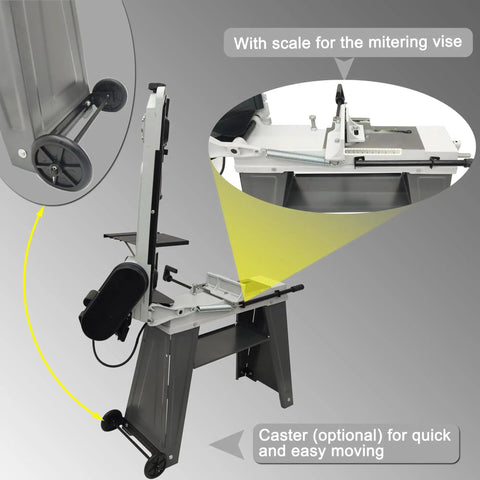 Heavy Duty Benchtop Horizontal Vertical Bandsaw, 110V 1/2HP with tilting vise and adjustable scale for precise cutting.
