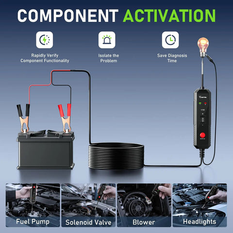 Heavy Duty V100 Auto Voltage Tester Pro For Cars And Trucks To Check Circuits Continuity Ground Polarity Plus One Way Overload Safe Power Probe Tool connected to a battery with cables.