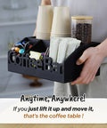 Person holding All In One Coffee Bar Organizer For Countertop Wooden Station Caddy With Tray For Pods Cups Condiments And Accessories Kitchen Or Office Counter Storage Medium Size Black Finish